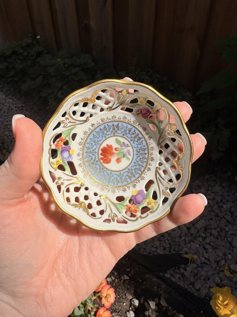 Vintage Schumann Bavaria Porcelain Pin Dish, Floral Reticulated Trinket Bowl